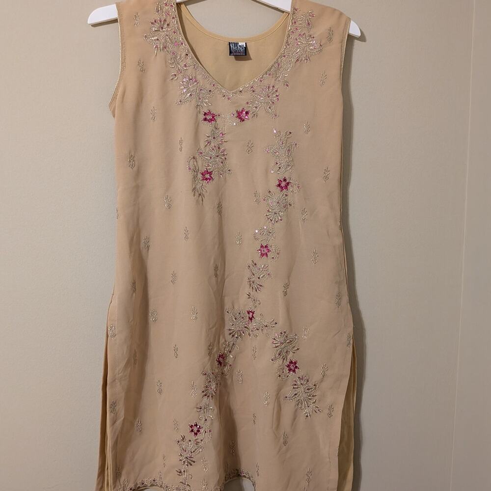 Neka Collection Tan Colored Dress With Pink & Gold Floral Designs